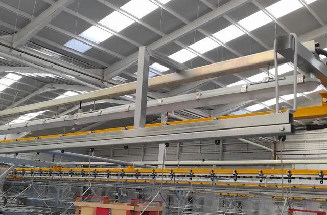 Sistema aéreo de transporte integrado en una línea industrial